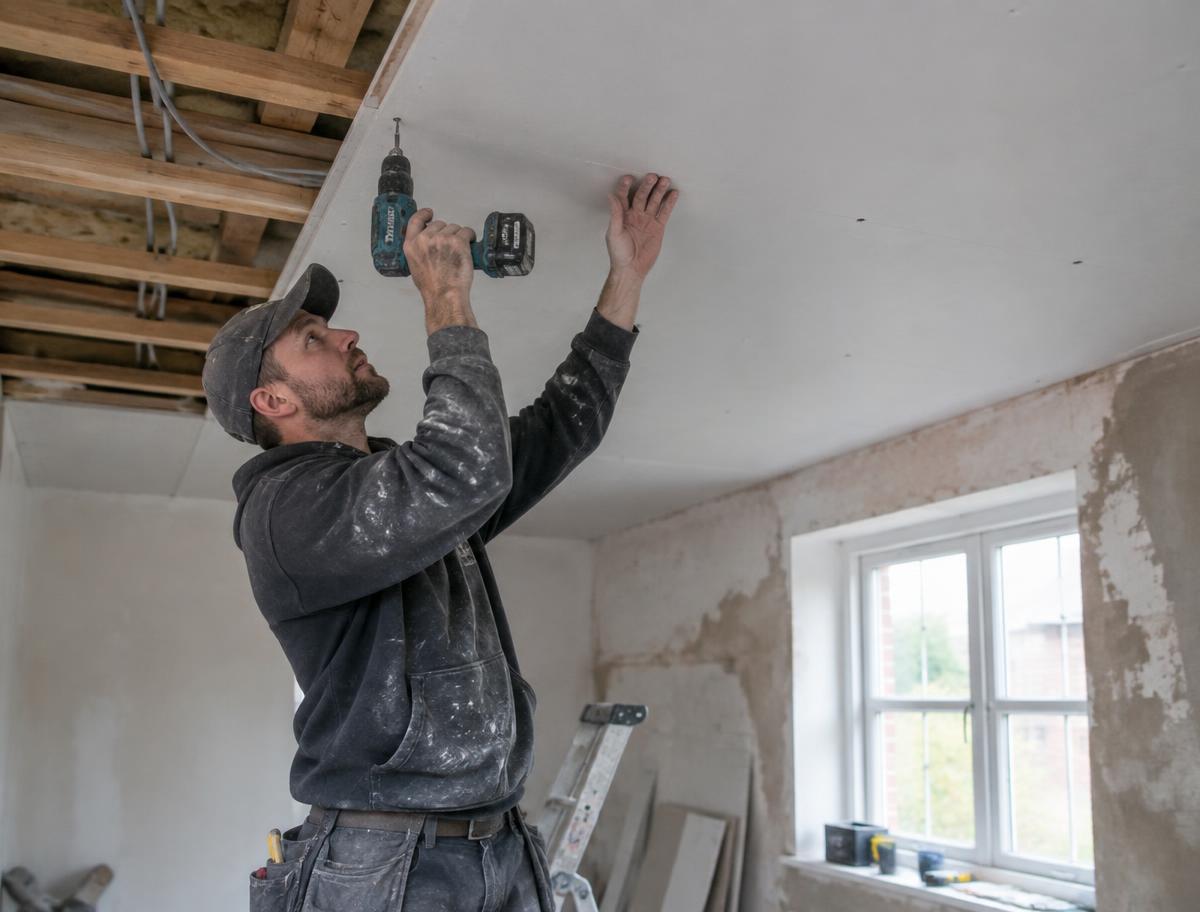 Tradesman fixing a plasterboard sheet to a ceiling frame
