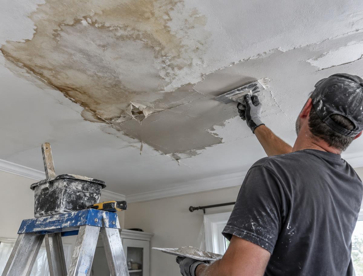 Water damaged ceiling being patched and smoothed
